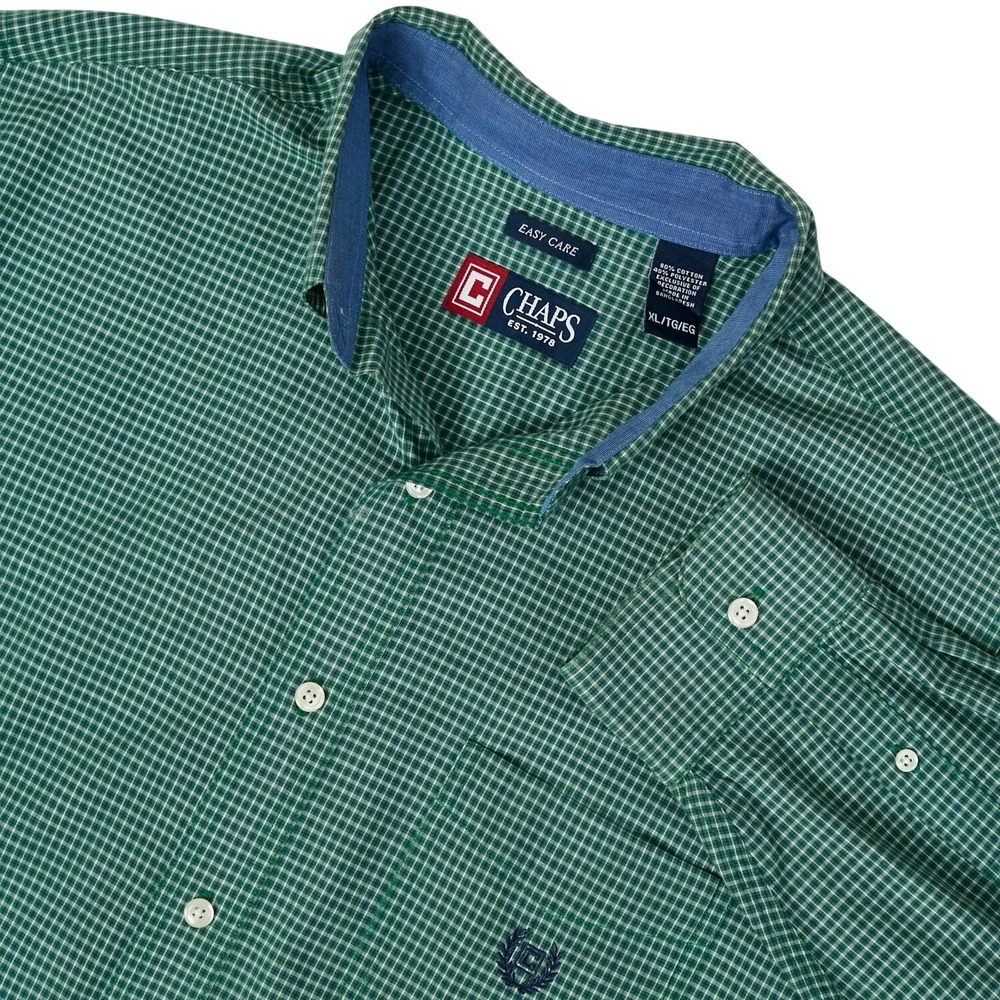 Chaps Mens XL Green Gingham Check Long Sleeve Button Down Shirt Easy Care Casual